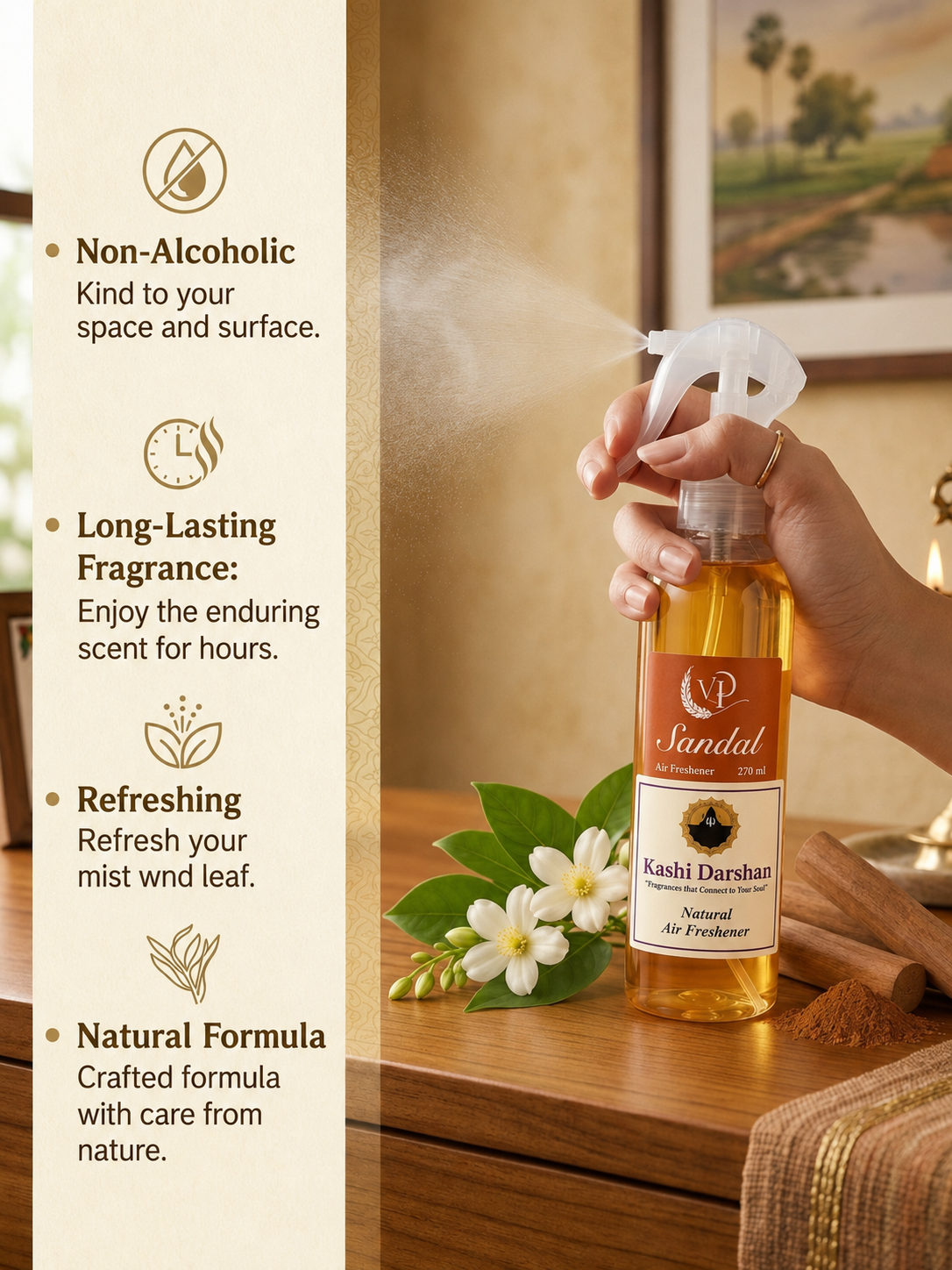 Sandal Alcohol-Free Air Freshener | 270ml | Natural Long-Lasting Room & Home Fragrance