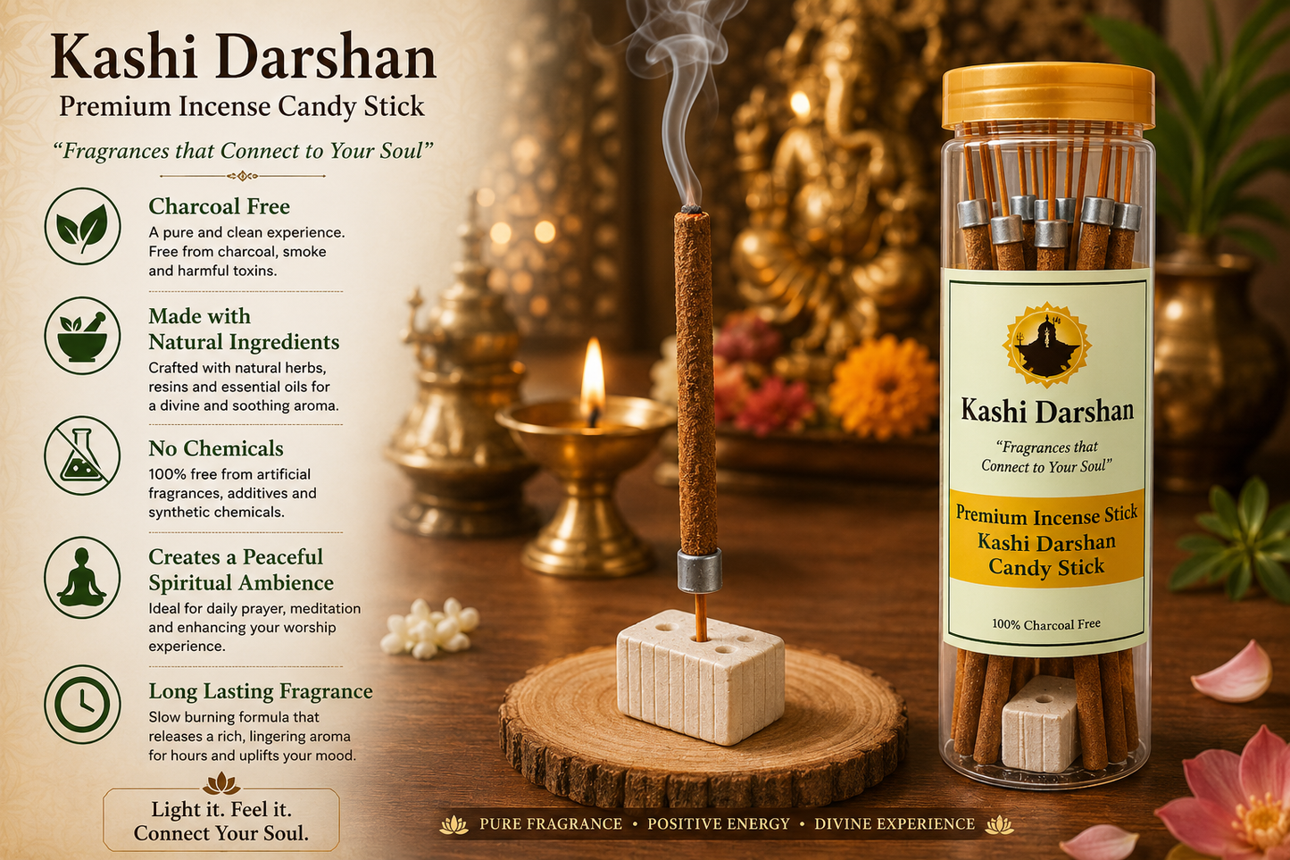 Kashi Darshan Premium Candy Stick Incense | Charcoal-Free Natural Dhoop Sticks with Ceramic Stand | Long Lasting Fragrance for Puja, Meditation & Home