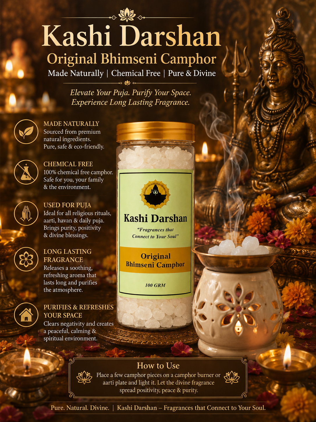 Kashi Darshan Original Bhimseni Camphor | 100% Natural & Chemical-Free | Premium Puja Kapoor | Long-Lasting Divine Fragrance | For Aarti, Havan & Home Purification (100g)