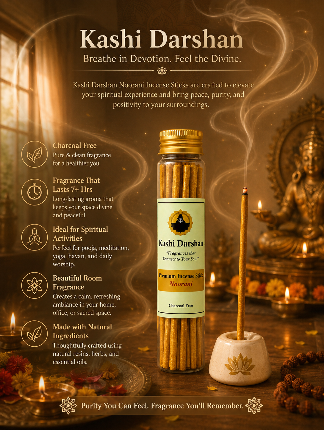 Kashi Darshan Noorani Premium Incense Sticks | Charcoal-Free | Natural Ingredients | For Pooja, Meditation & Room Fragrance