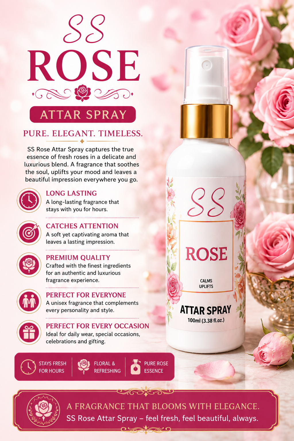 SS Rose Attar Spray 100ml | Long Lasting Floral Rose Perfume | Premium Alcohol-Free Fragrance