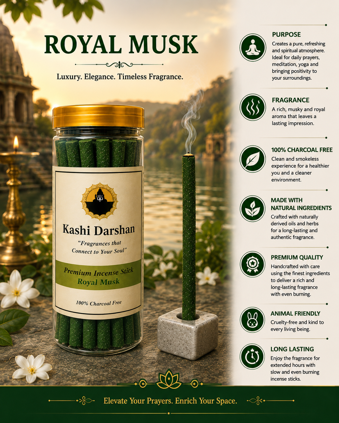 Kashi Darshan Premium Incense Sticks – Royal Musk (Charcoal Free)