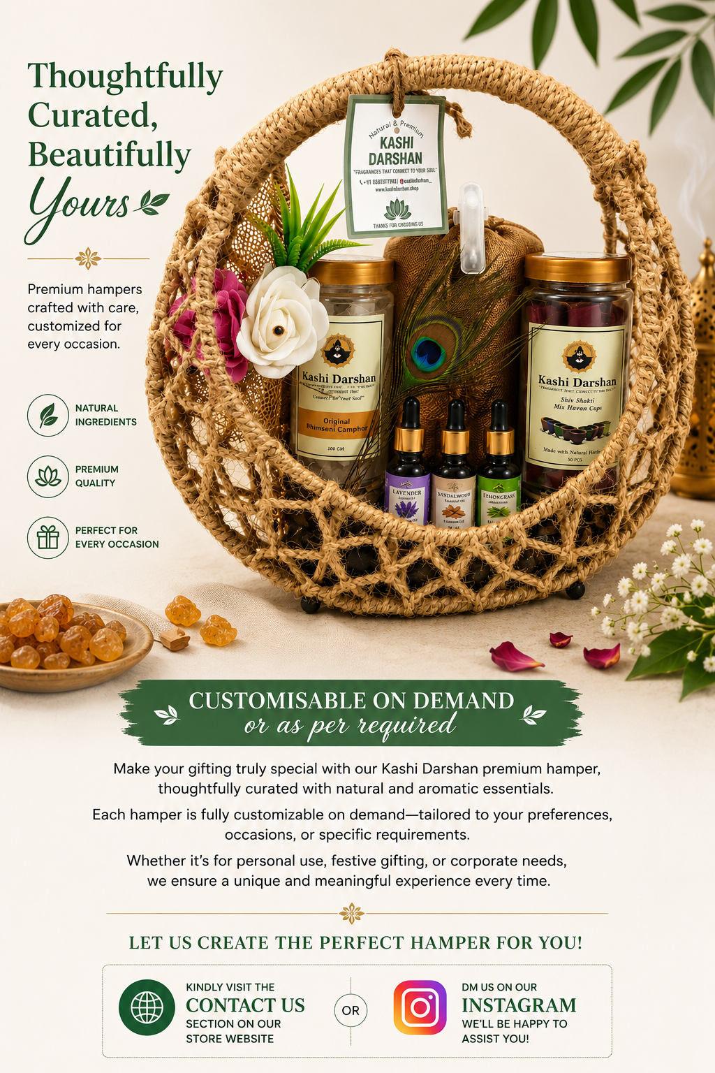 Kashi Darshan Premium Spiritual Gift Hamper – Camphor, Havan Cups, Essential Oils & Decorative Basket | Festive Gift Set