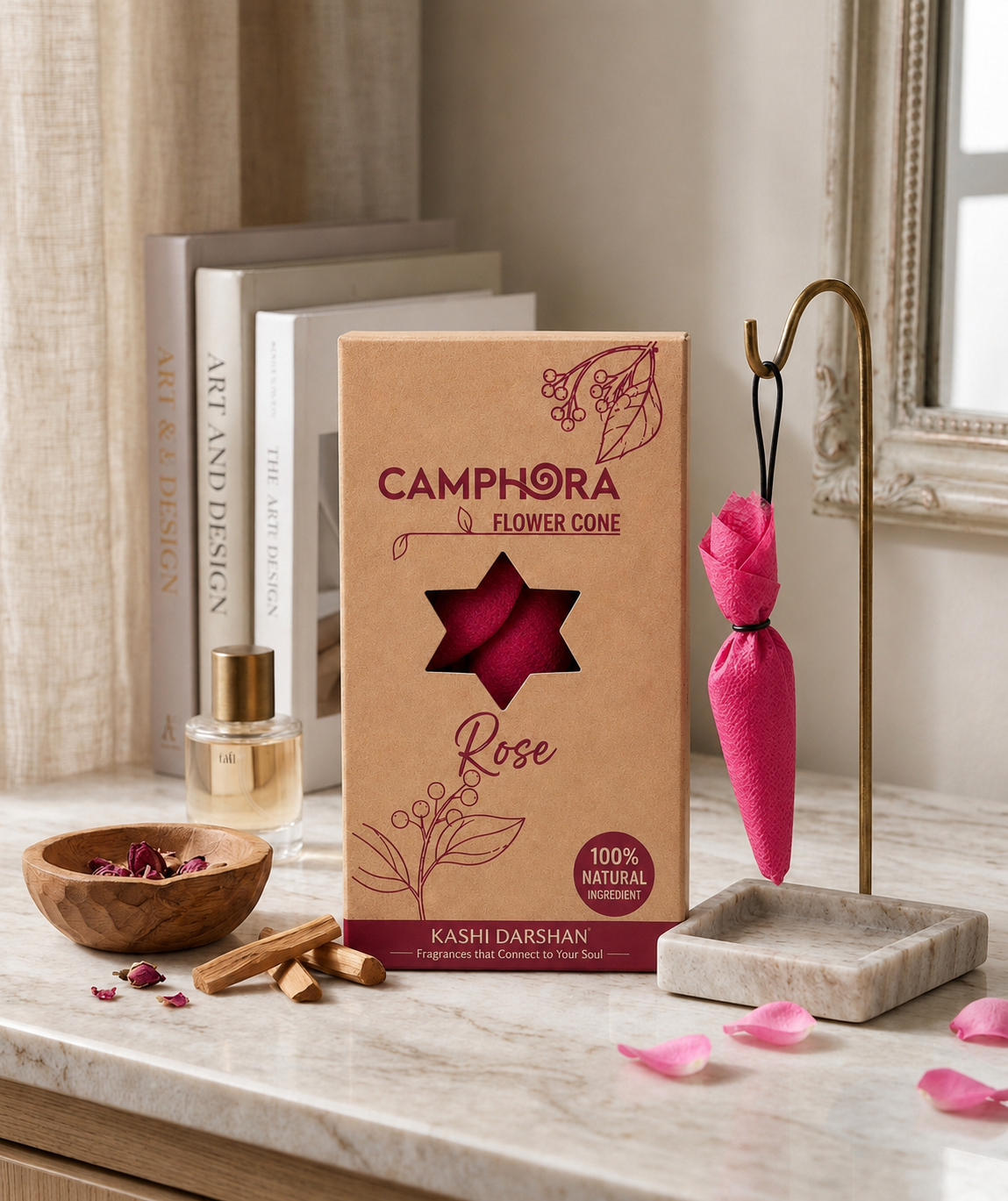 Kashi Darshan Rose Camphora Flower Cone | Natural Long-Lasting Fragrance for Home, Office & Car
