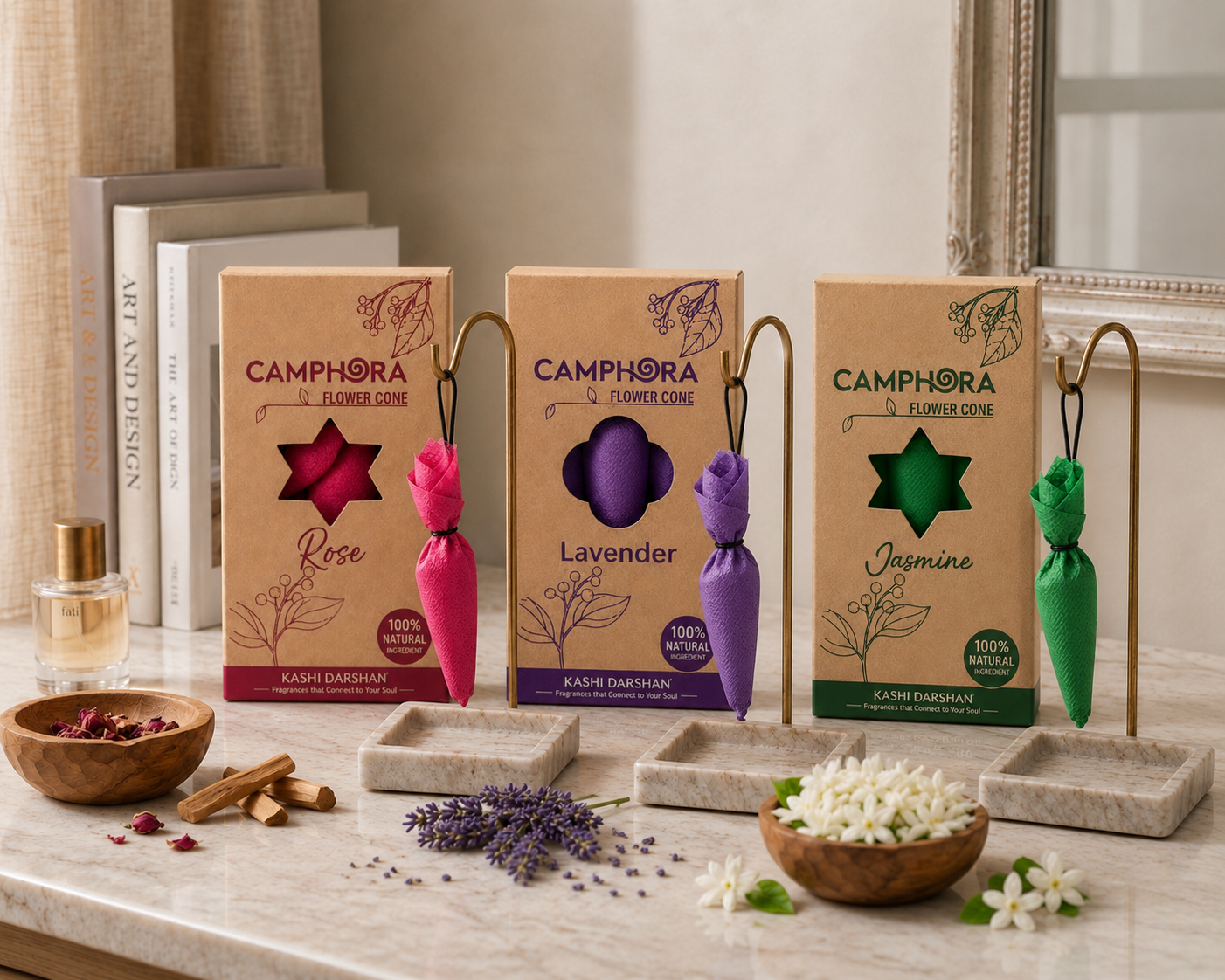 Kashi Darshan Camphora Flower Cone Gift Set – Rose, Lavender & Jasmine | Natural Fragrance Cones with Elegant Hanging Stand