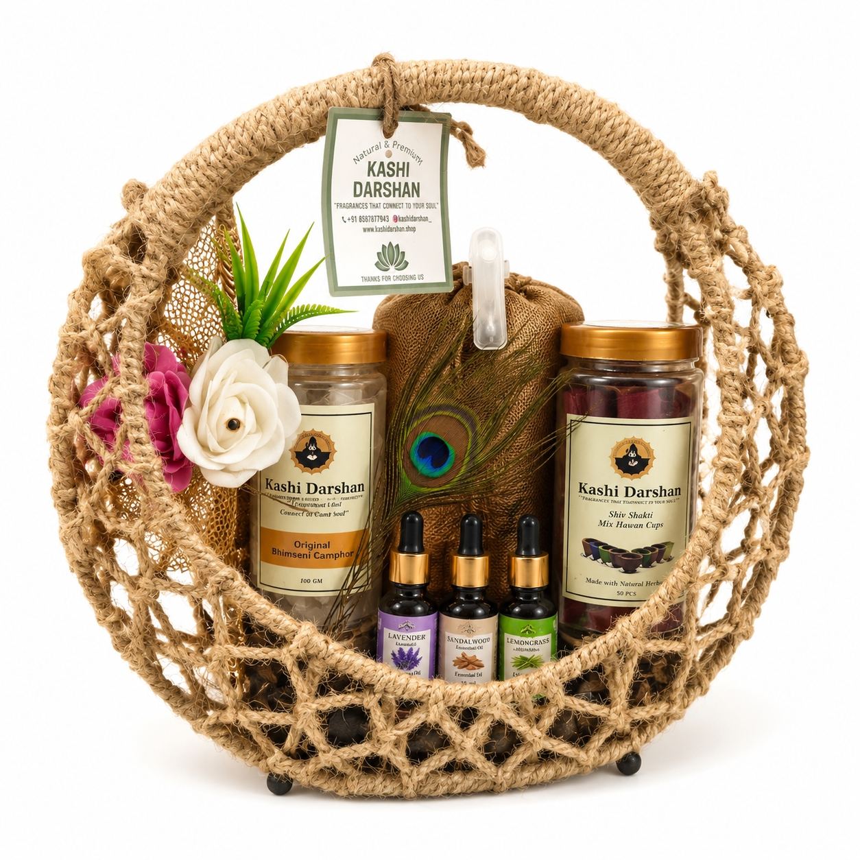 Kashi Darshan Premium Spiritual Gift Hamper – Camphor, Havan Cups, Essential Oils & Decorative Basket | Festive Gift Set