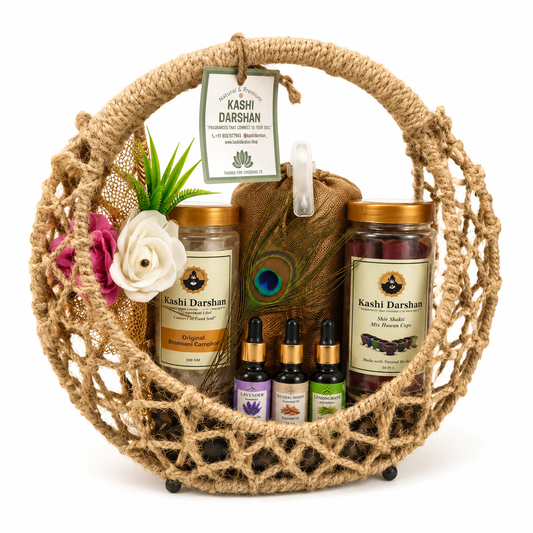 Kashi Darshan Premium Spiritual Gift Hamper – Camphor, Havan Cups, Essential Oils & Decorative Basket | Festive Gift Set
