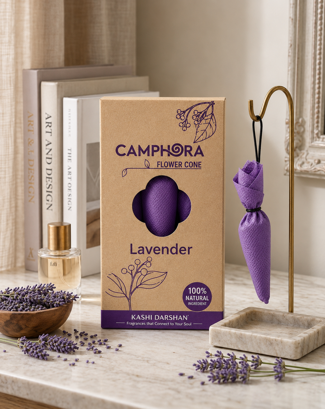 Kashi Darshan Lavender Camphora Flower Cone | Natural Long-Lasting Fragrance for Home, Office & Car