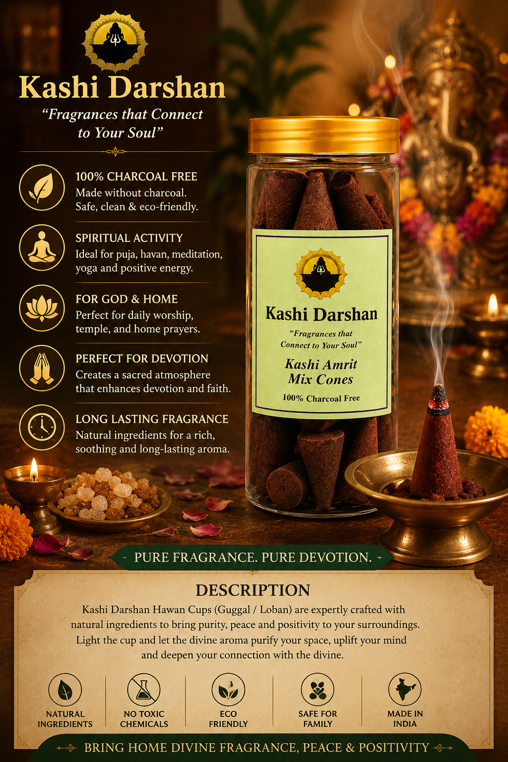 Kashi Darshan Kashi Amrit Mix Dhoop Cones | 100% Charcoal-Free | Premium Natural Incense Cones for Puja, Meditation & Daily Worship | Long-Lasting Spiritual Fragrance