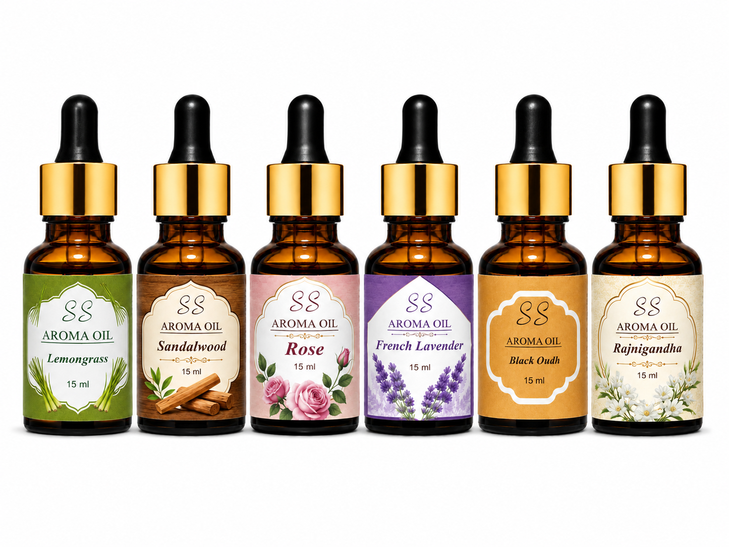 SS Aroma Oil Combo Pack – Set of 6 Premium Fragrance Oils (15 ml Each) | Lemongrass, Sandalwood, Rose, French Lavender, Black Oudh & Rajnigandha