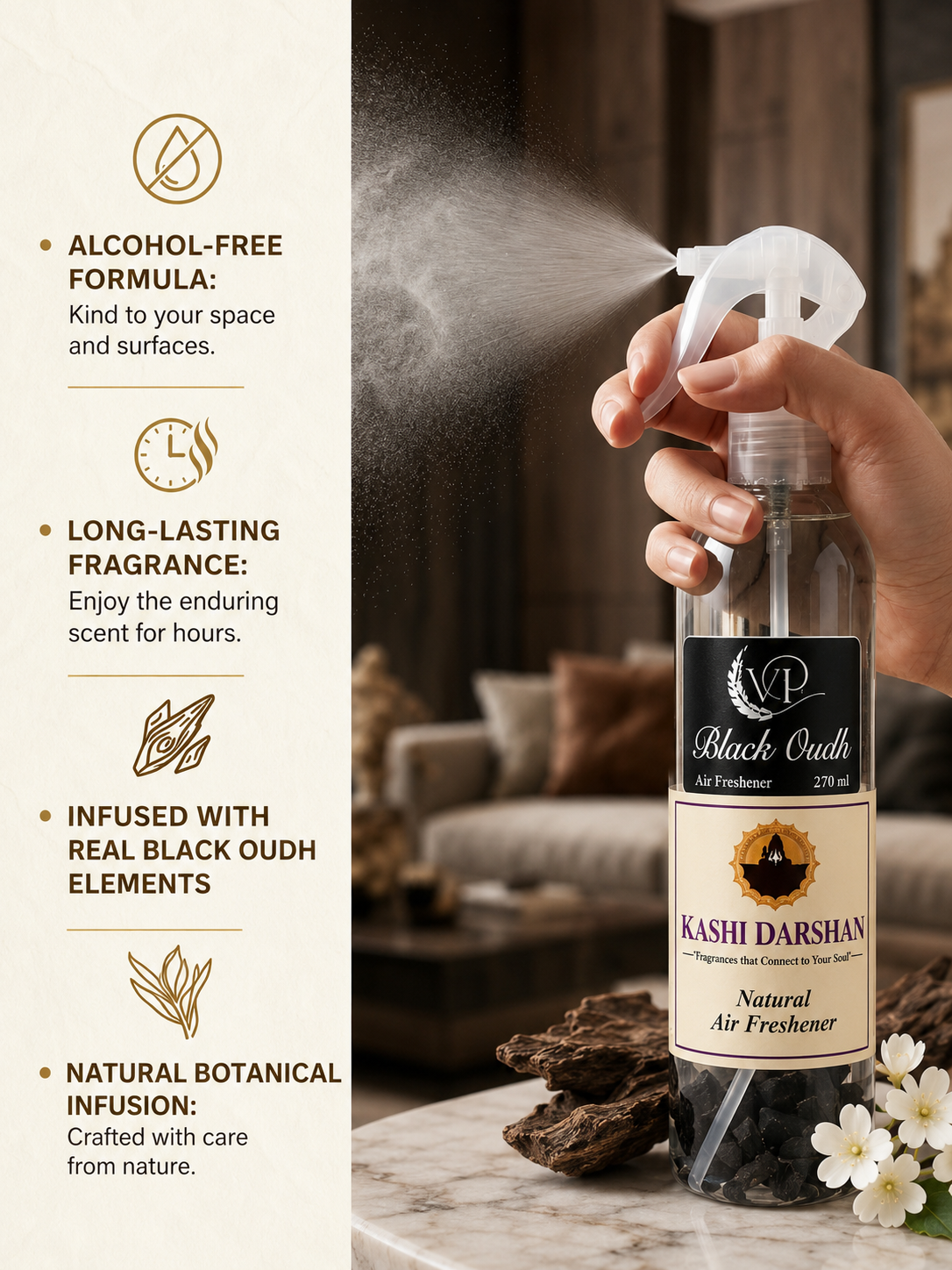 Black Oudh Alcohol-Free Air Freshener | 270ml | Premium Long-Lasting Room & Home Fragrance