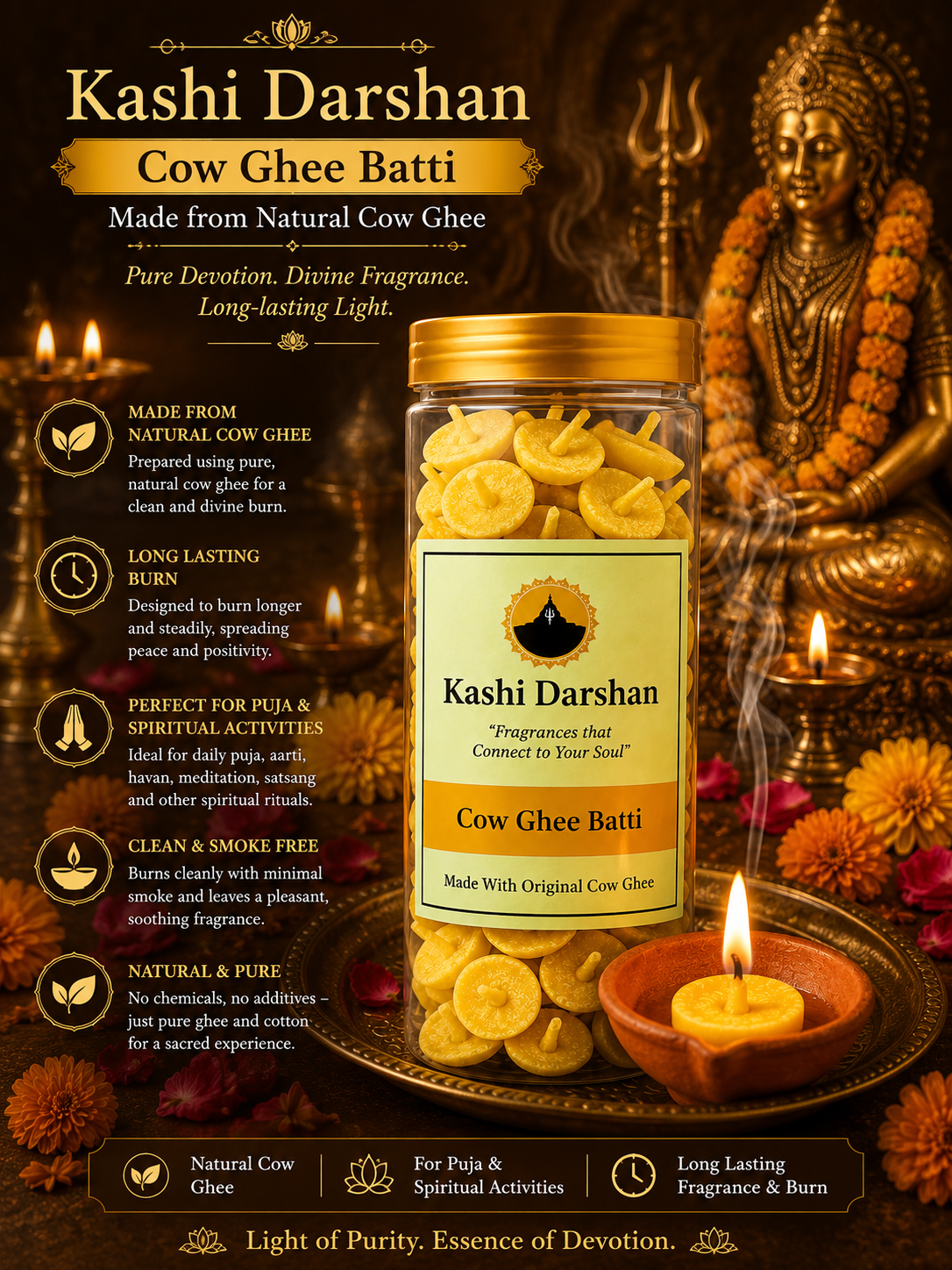 Kashi Darshan Cow Ghee Batti | Made with Natural Cow Ghee | Long-Lasting Cotton Wicks | For Daily Puja, Aarti & Spiritual Rituals