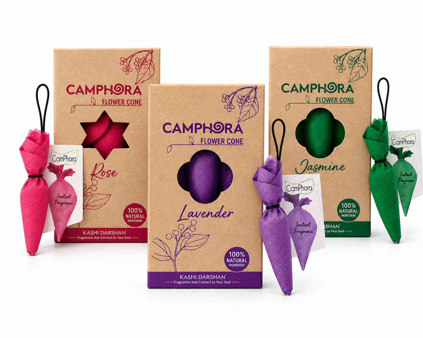 Kashi Darshan Camphora Flower Cone Gift Set – Rose, Lavender & Jasmine | Natural Fragrance Cones with Elegant Hanging Stand
