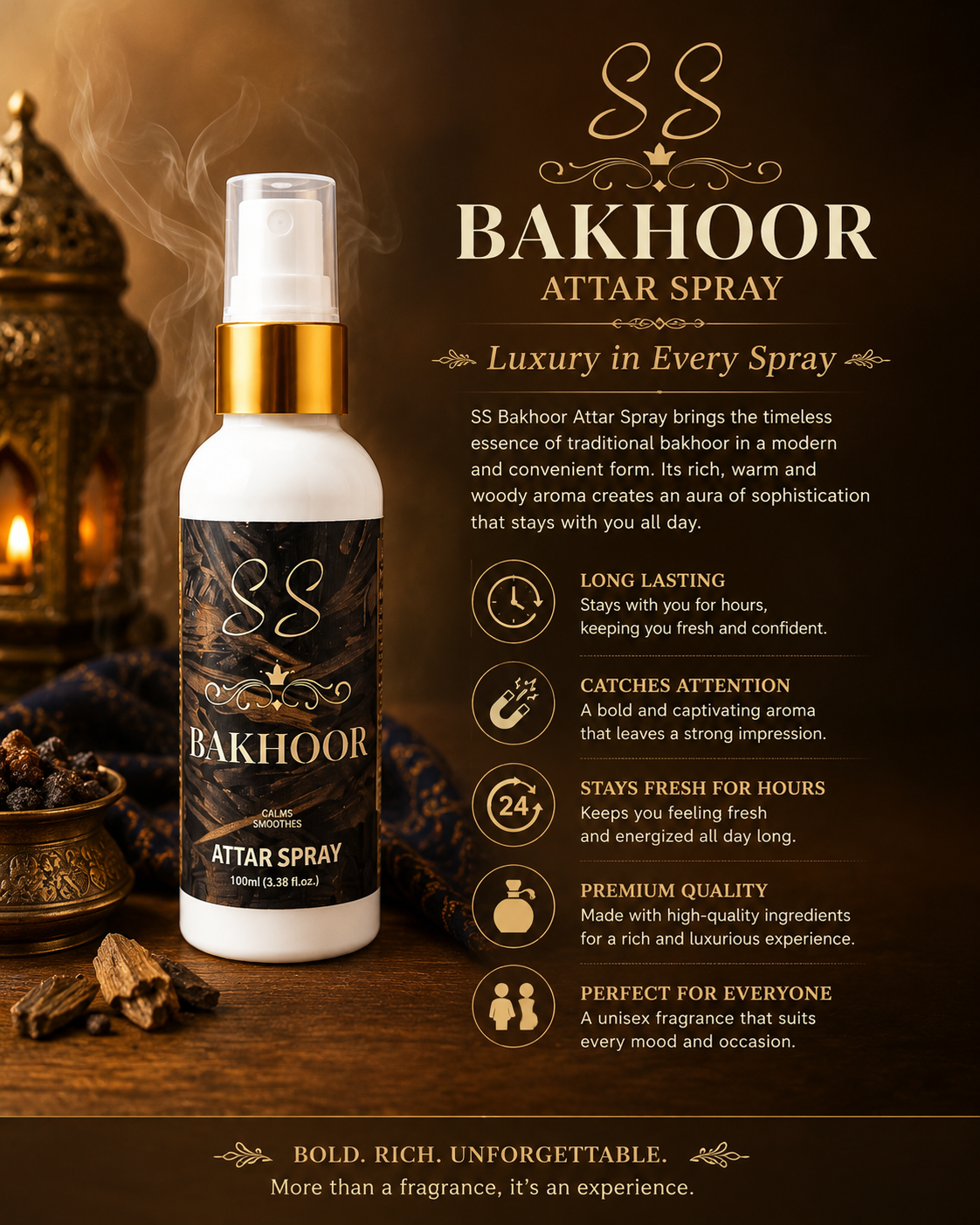 SS Bakhoor Attar Spray 100ml | Long Lasting Arabic Bakhoor Fragrance | Premium Alcohol-Free Perfume Spray