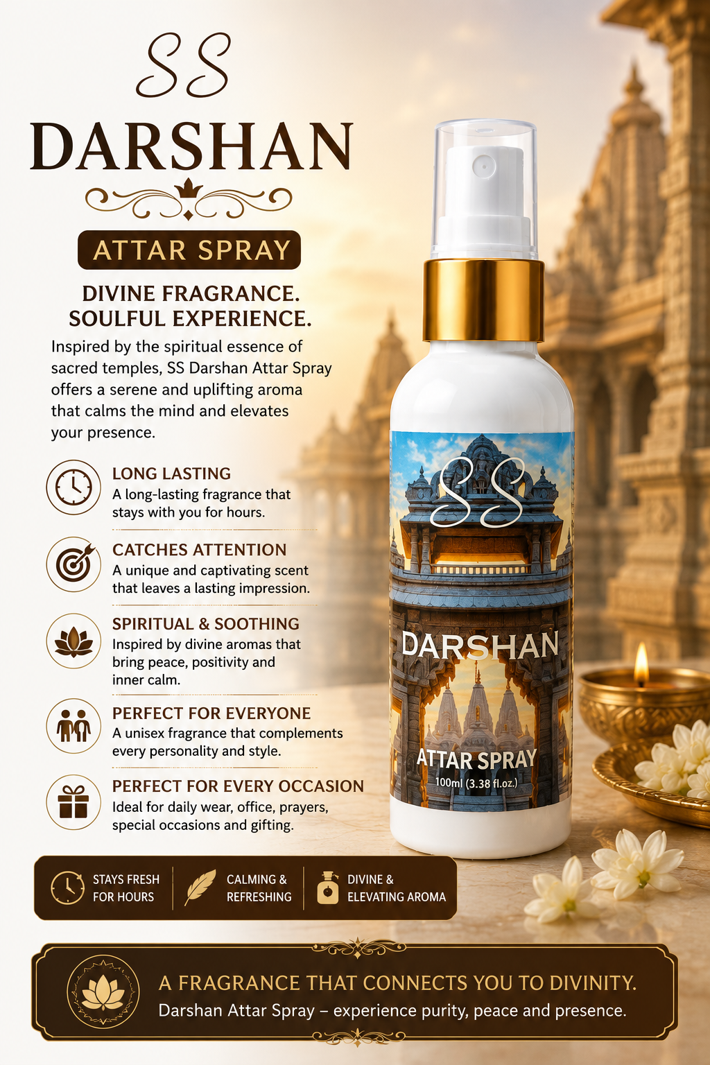 SS Darshan Attar Spray 100ml | Spiritual Temple Fragrance | Long Lasting Alcohol-Free Perfume Spray