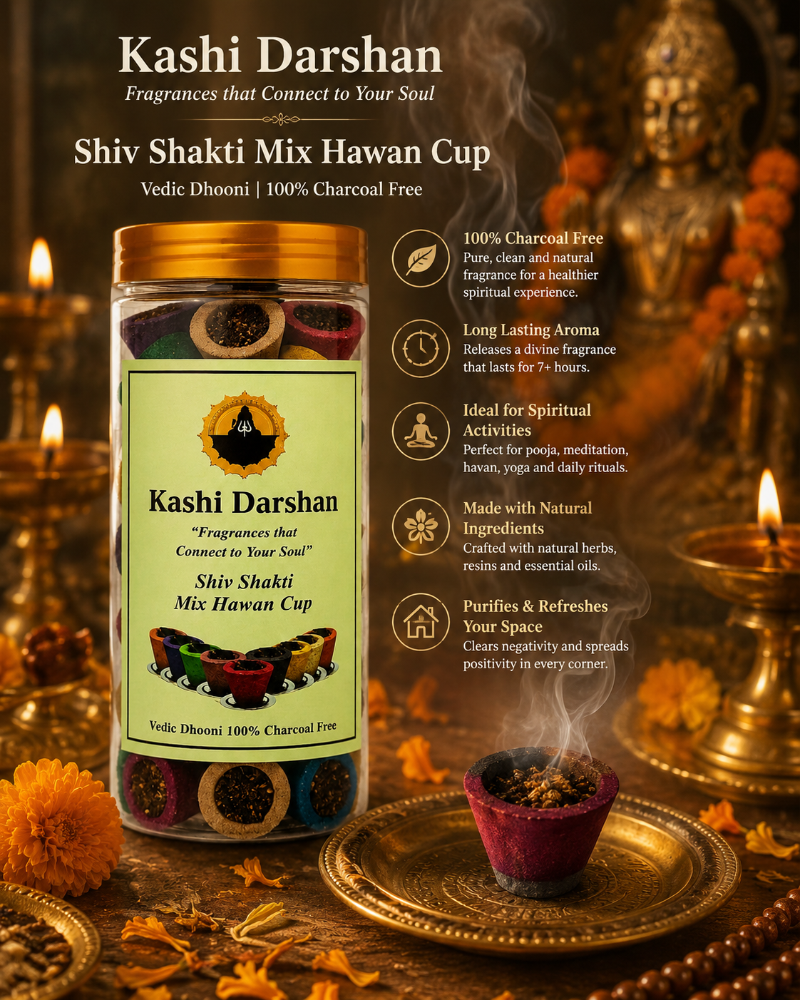 Kashi Darshan Shiv Shakti Mix Hawan Cup | 100% Charcoal-Free Vedic Dhooni | Long-Lasting Natural Fragrance | For Pooja, Havan, Meditation & Home Purification