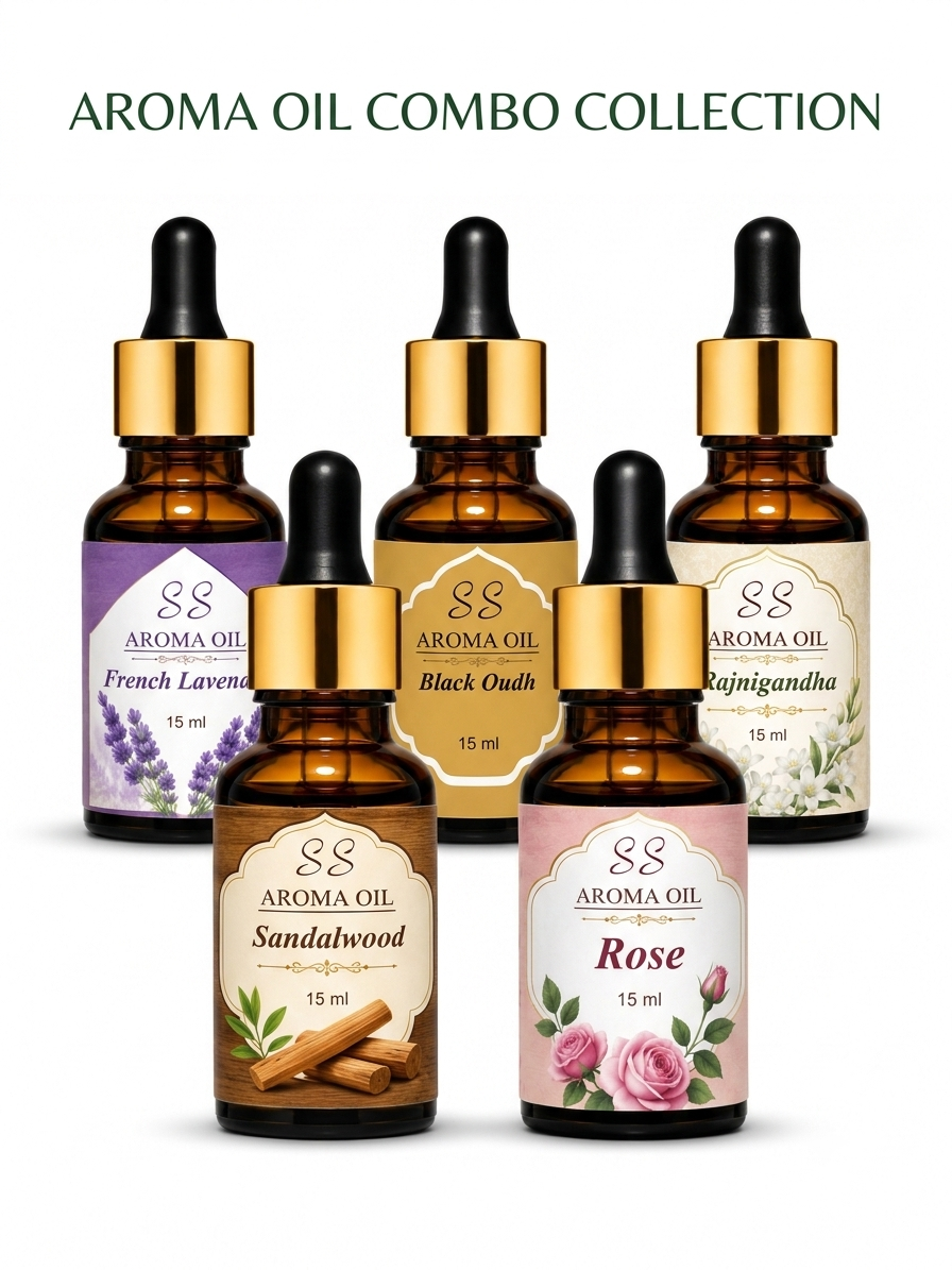 SS Aroma Oil Combo Pack – Set of 6 Premium Fragrance Oils (15 ml Each) | Lemongrass, Sandalwood, Rose, French Lavender, Black Oudh & Rajnigandha